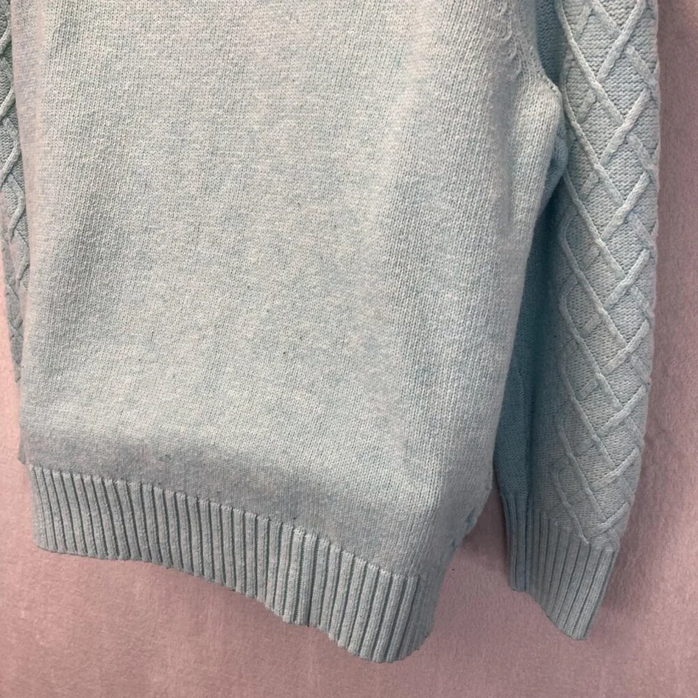 Talbots Cable Knit Sweater Womens Petite Large PL‎ Aqua Blue Buttons Old Money